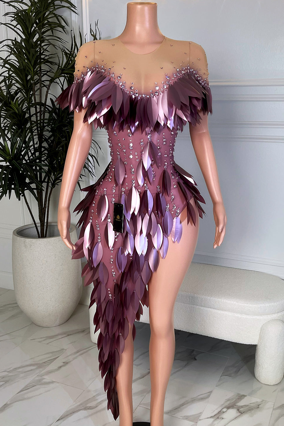 Plum petal nude illusion asymmetrical mini dress with rhinestone embellishments and layered mauve appliqué, front view by Amekana.
