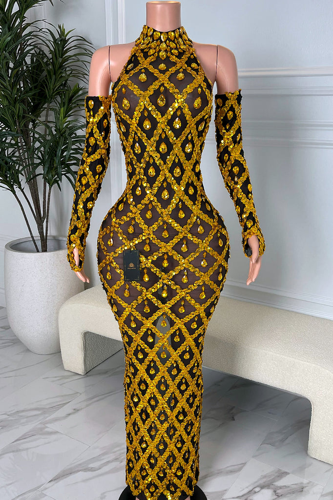slim fit dress slacks Midnight Gold Rhinestone Dress Set (Ready to Ship) Xs / Gold