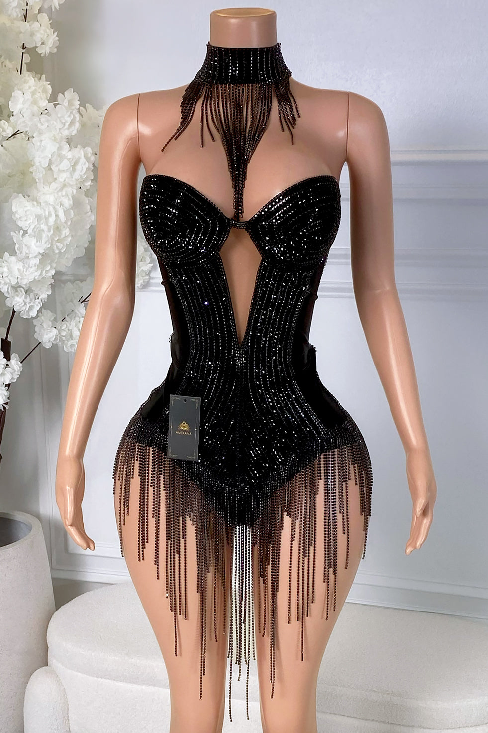 Front view of black rhinestone fringe bodysuit with sweetheart bust, deep cutout, matching choker, and draped fringe details
