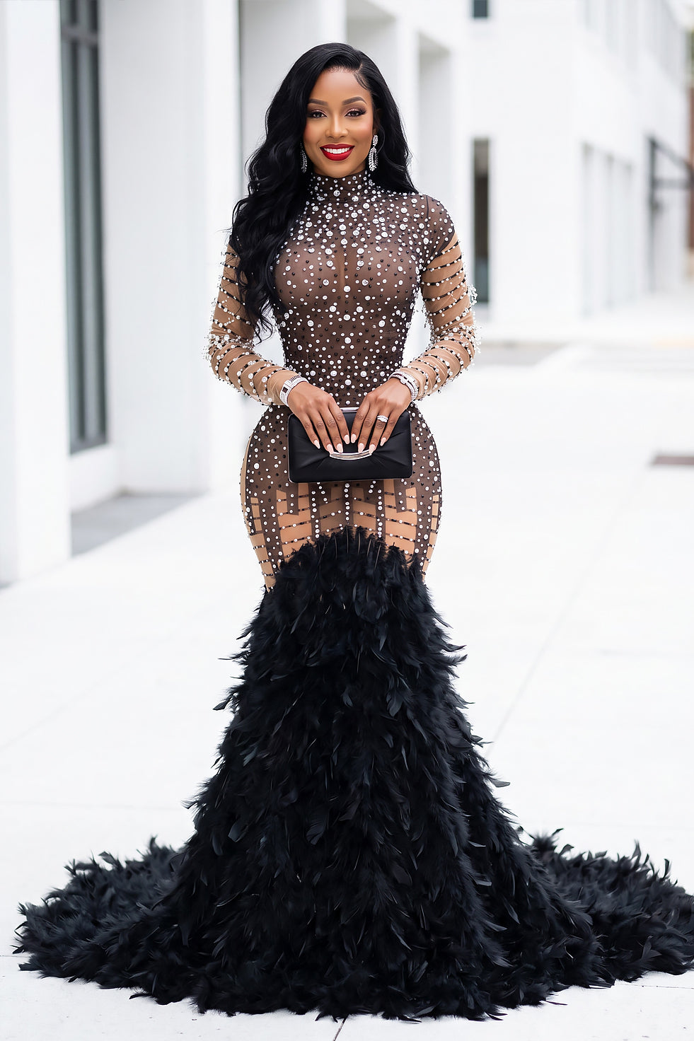 Black Illusion Feather Train Gown – AMEKANA