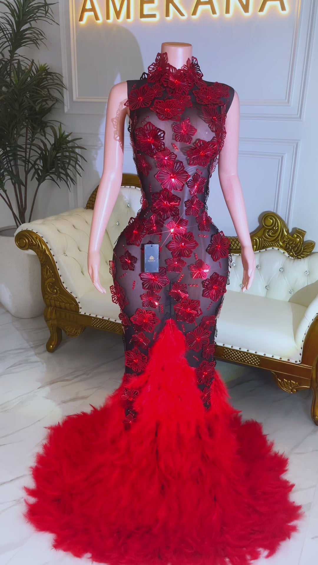 Honey Kissed Red Feather Dress (Made to Order)