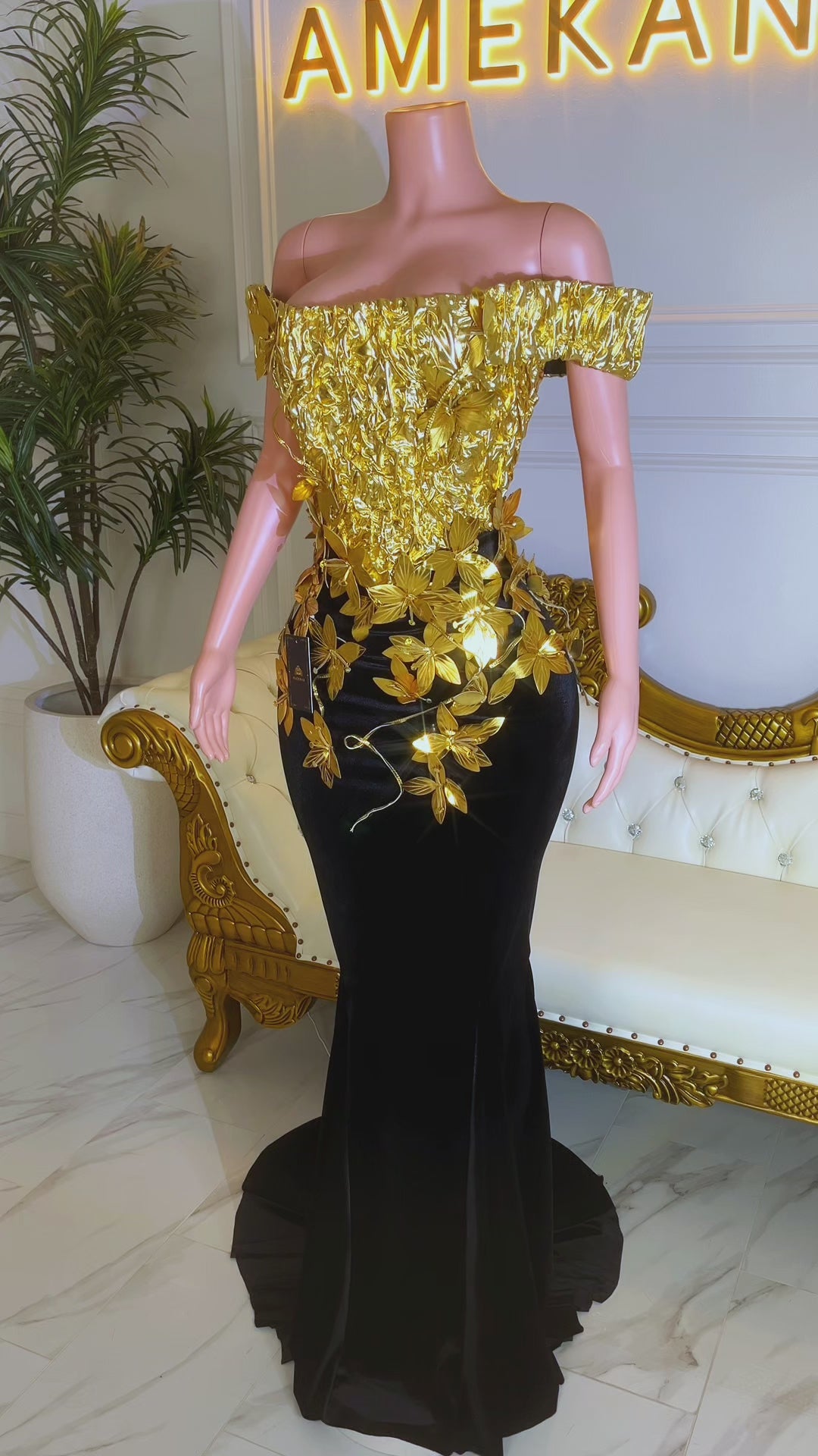 Petals At Midnight Gold Dress(Ready To Ship)