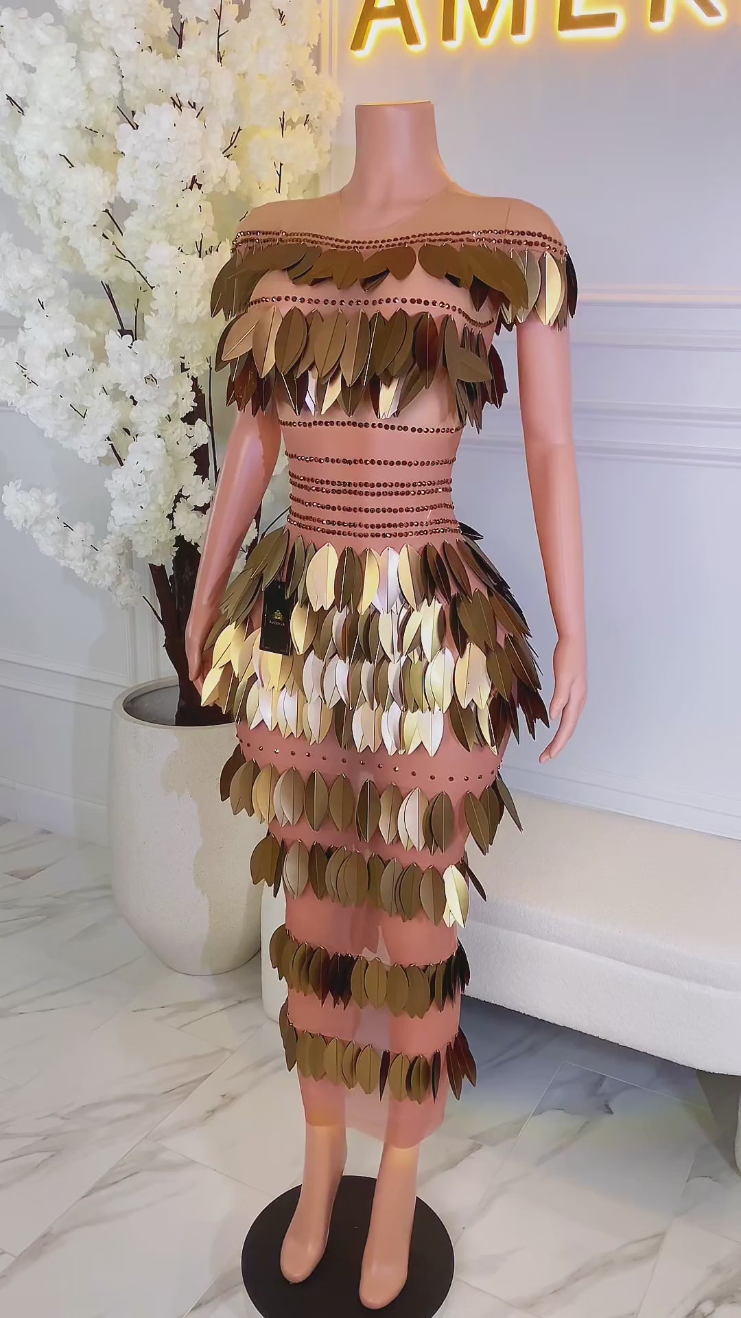 Solavelle Gold Leaf Midi Dress (Ready to Ship)