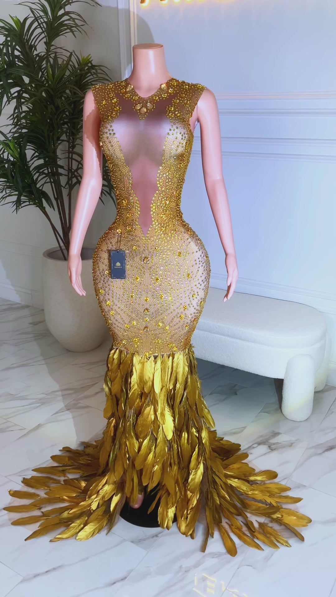 Golden Gal Rhinestone Feather Dress (Made to Order)