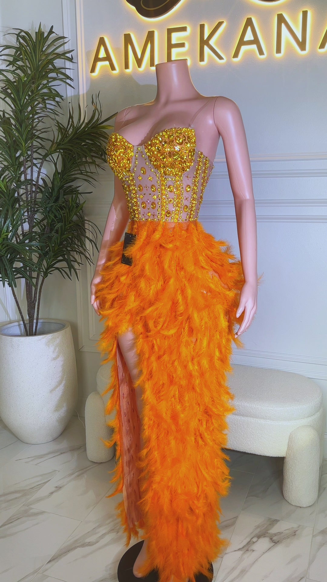 Bruna Orange Feather Dress (Ready To Ship)
