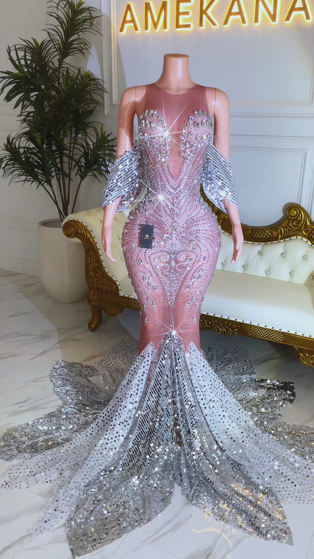 Valerie Silver Diamante Mesh Evening Dress(Ready To Ship)