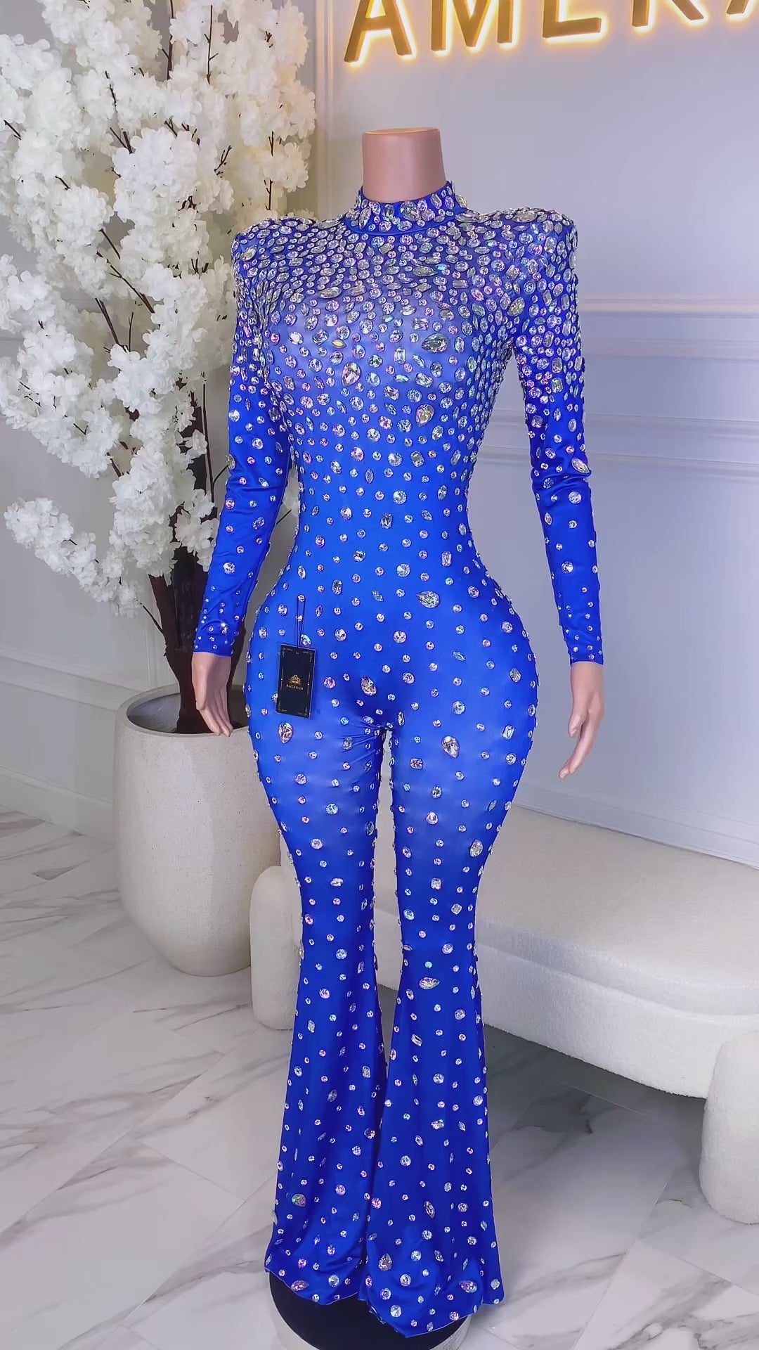 Milan Blue Rhinestone Jumpsuit (Ready to Ship)