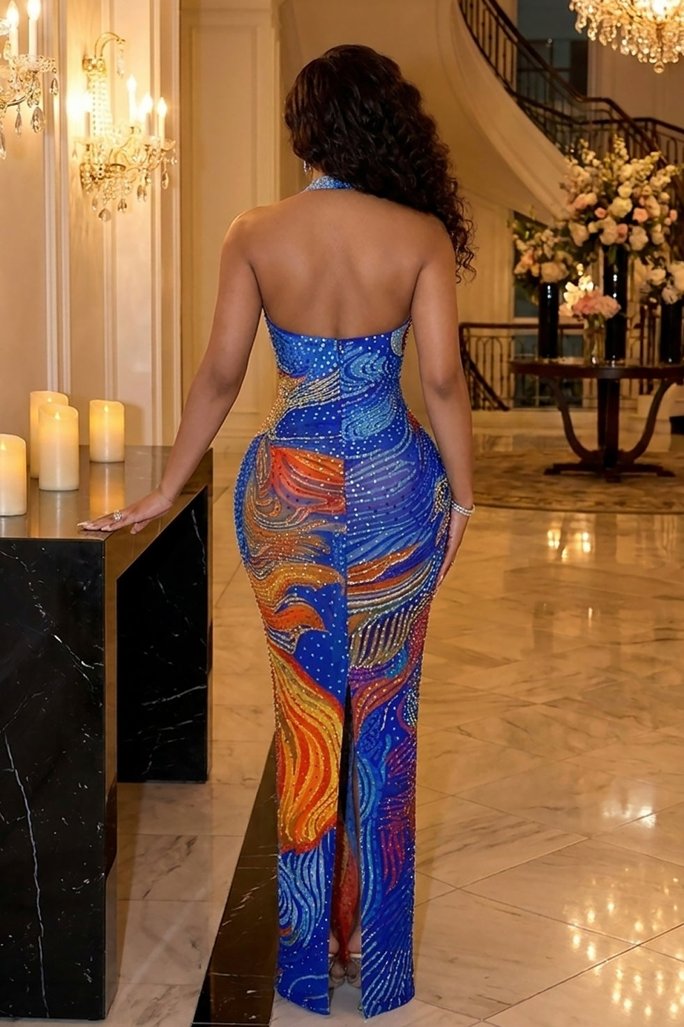 Lifestyle back view of a blue multicolor halter dress with open back, fitted silhouette, swirl print, and floor-length design.