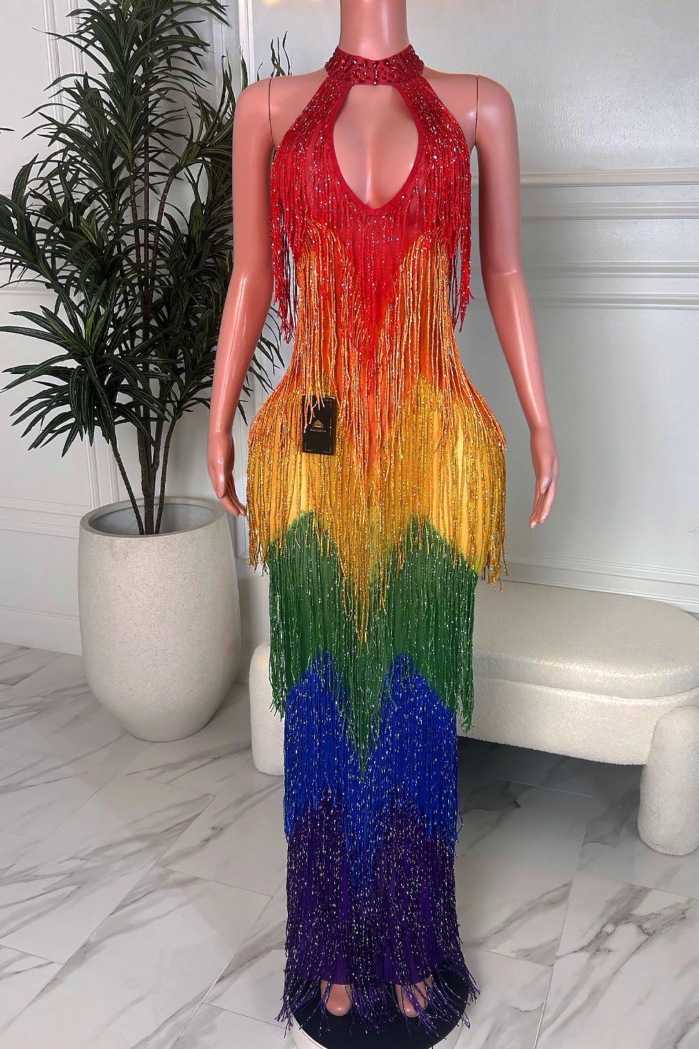 Rainbow ombre fringe halter maxi dress with keyhole neckline and crystal-beaded tassels in red, orange, yellow, green, blue, and purple
