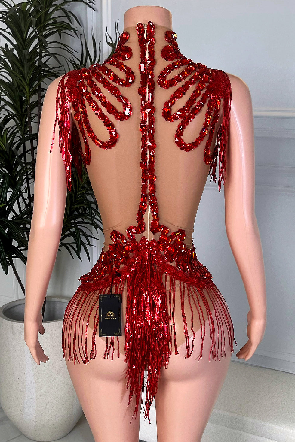 Back view of nude illusion red rhinestone tassel playsuit showing open-back design, red crystal appliqué along the spine, and fringe at shoulders and hips.