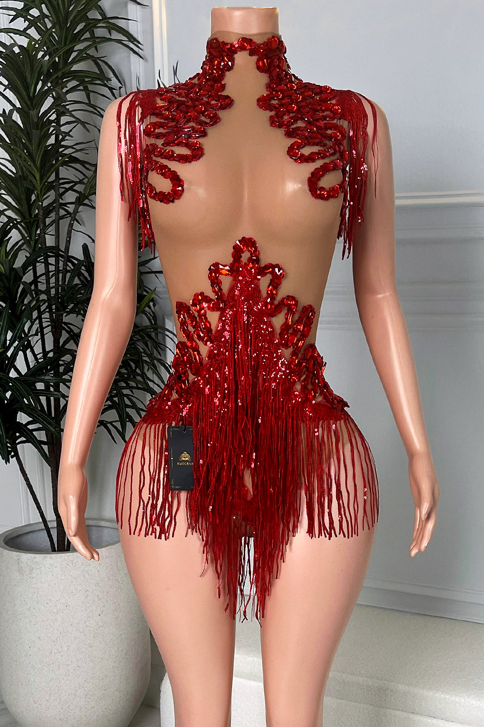 Nude illusion halter playsuit with red rhinestone appliqués, high-neck collar, and dramatic red tassel fringe down the front and at the hips.