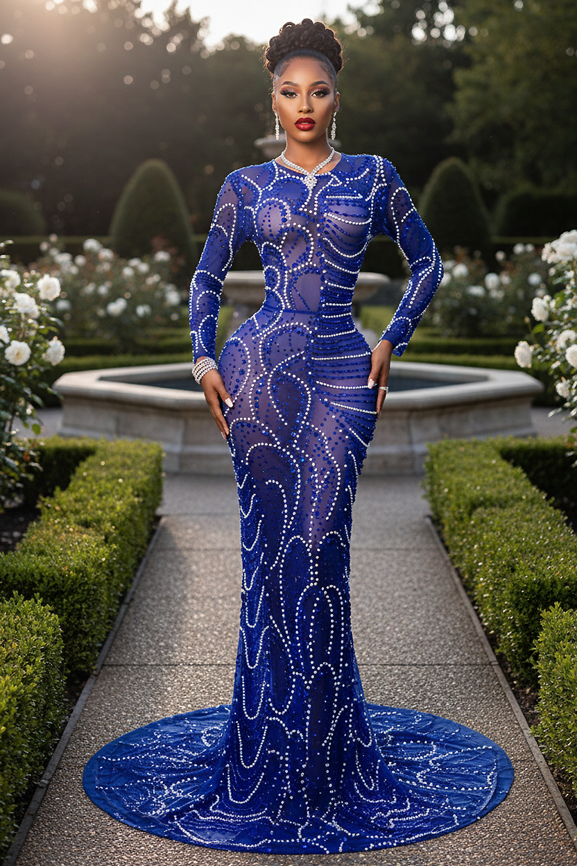Royal Blue Rhinestone Sheer Mesh Long Sleeve Maxi Dress with Train