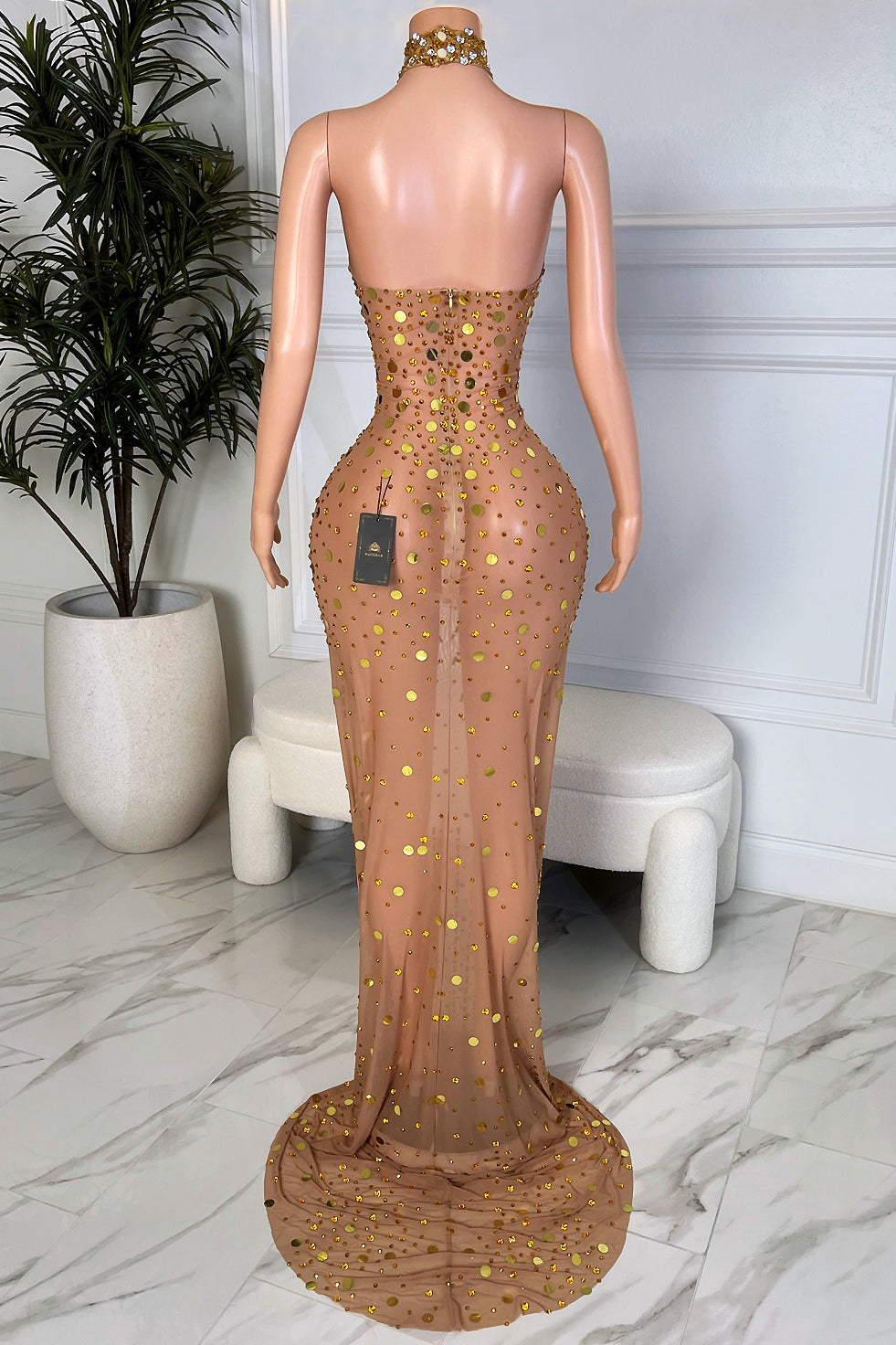 Sheer nude rhinestone gown with body-contouring gold sparkle pattern and floor-length train