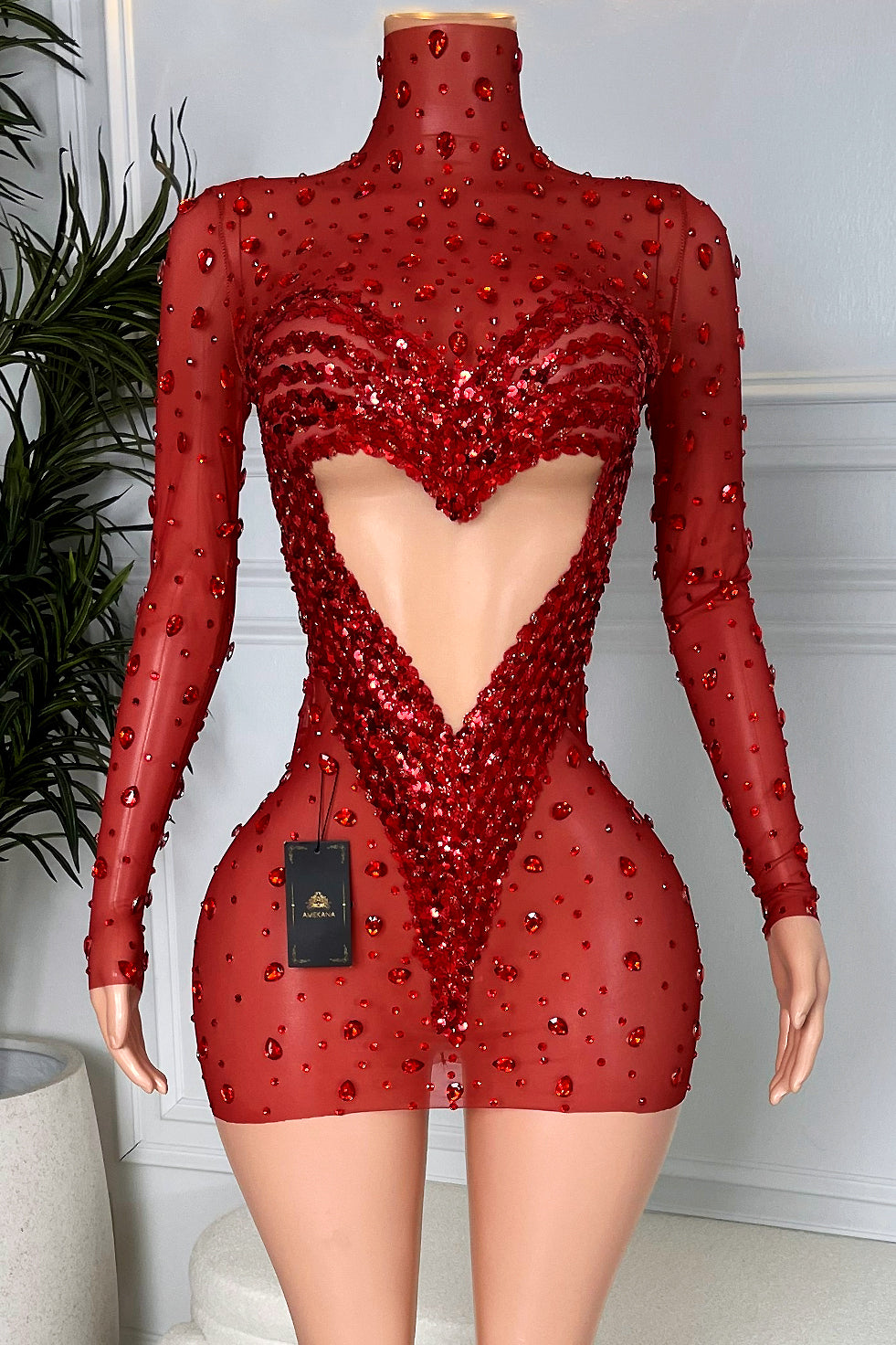 Red sheer mesh long sleeve high neck rhinestone mini dress with heart sequin applique and nude illusion cutout, front view