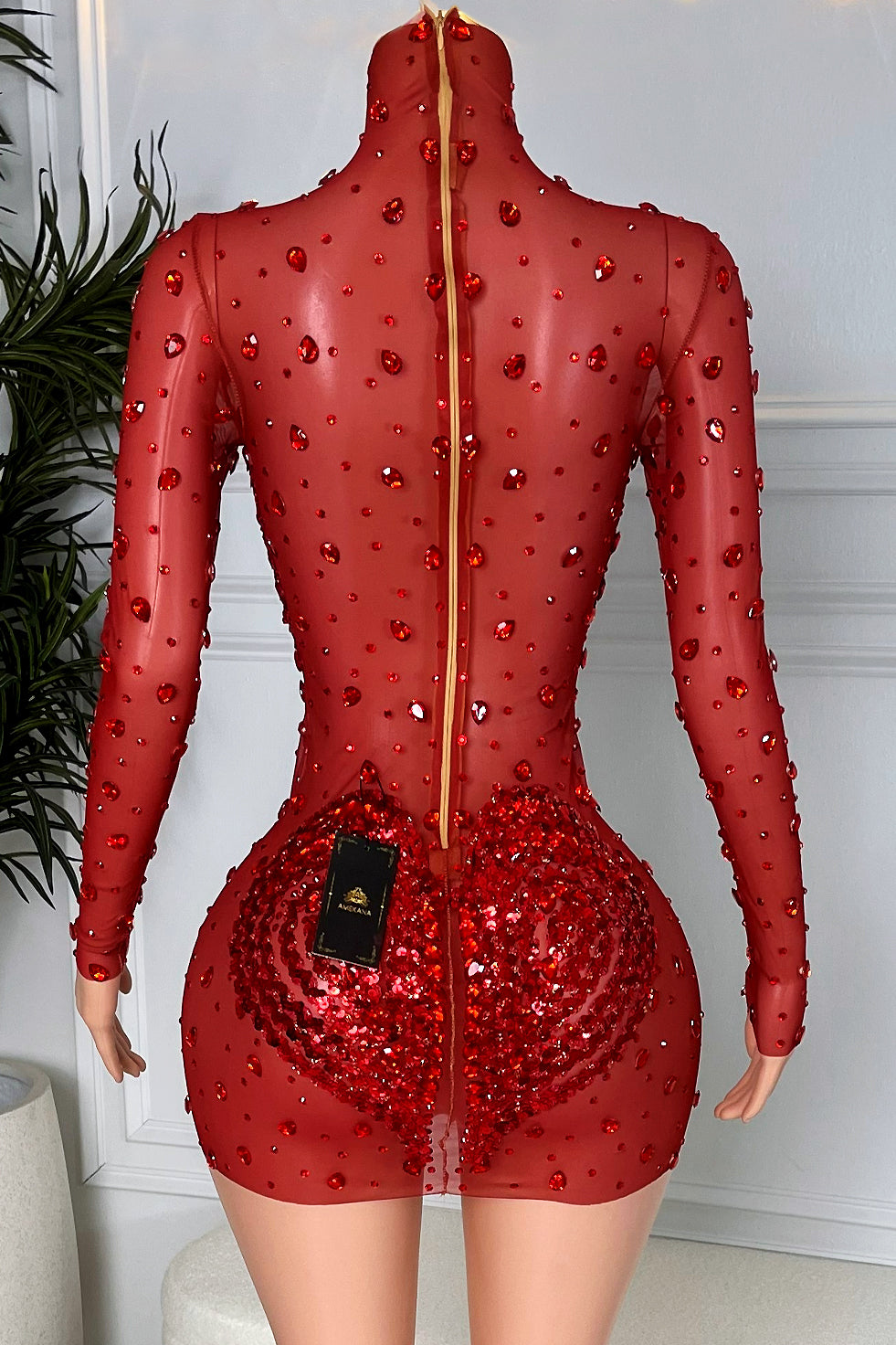Back view red rhinestone mesh mini dress with full zipper and heart sequin applique on back, rear view