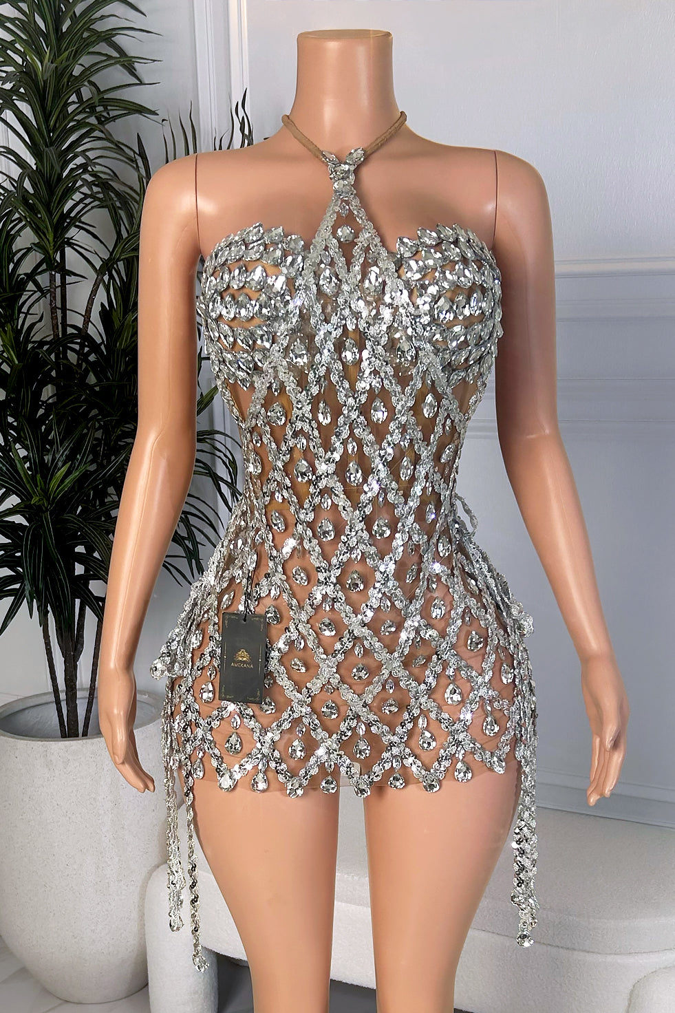 Silver Crystal Halter Mini Dress with Sheer Illusion – AMEKANA