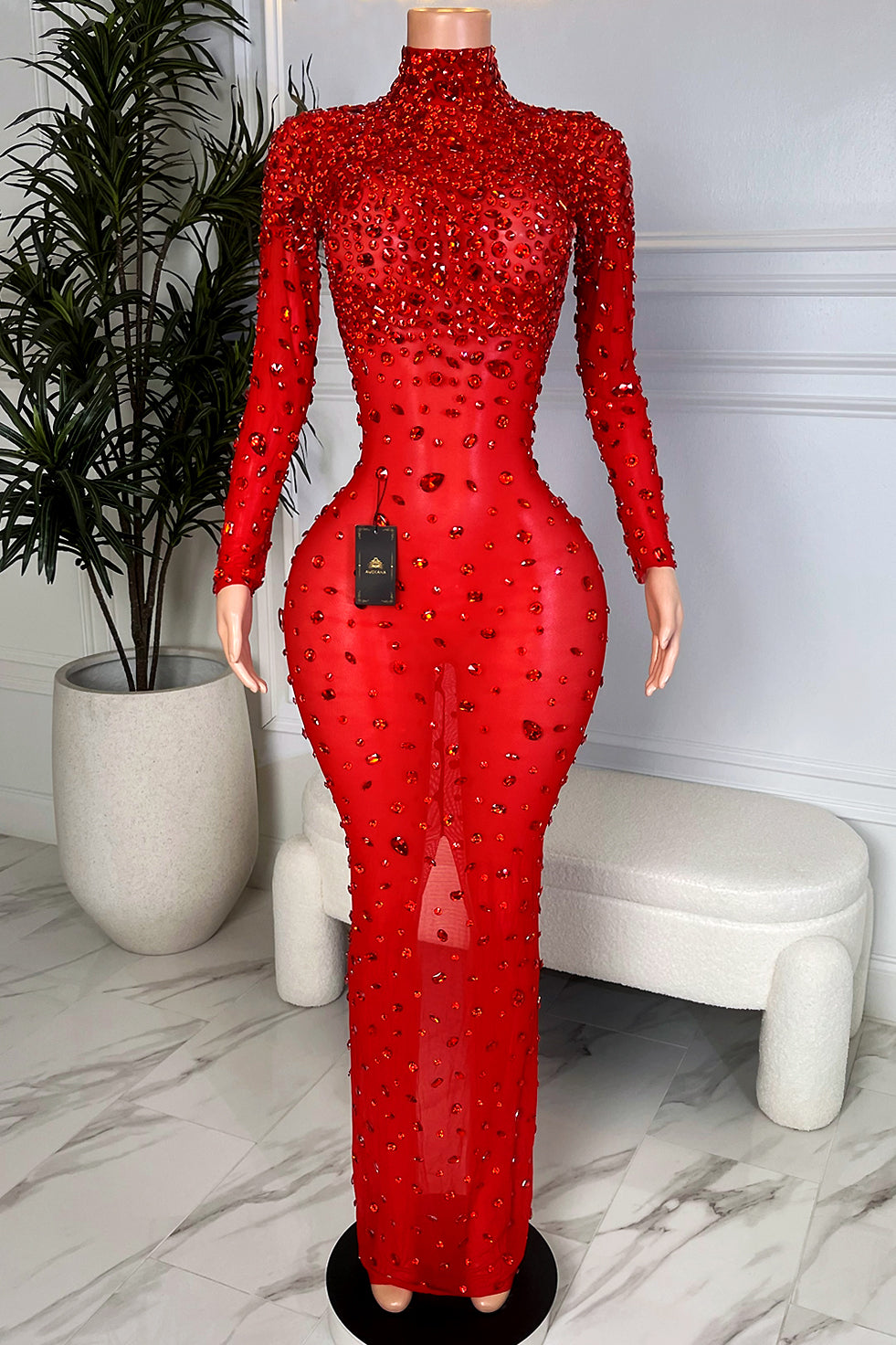 Sparkly red rhinestone long sleeve high neck sheer mesh maxi dress, front view