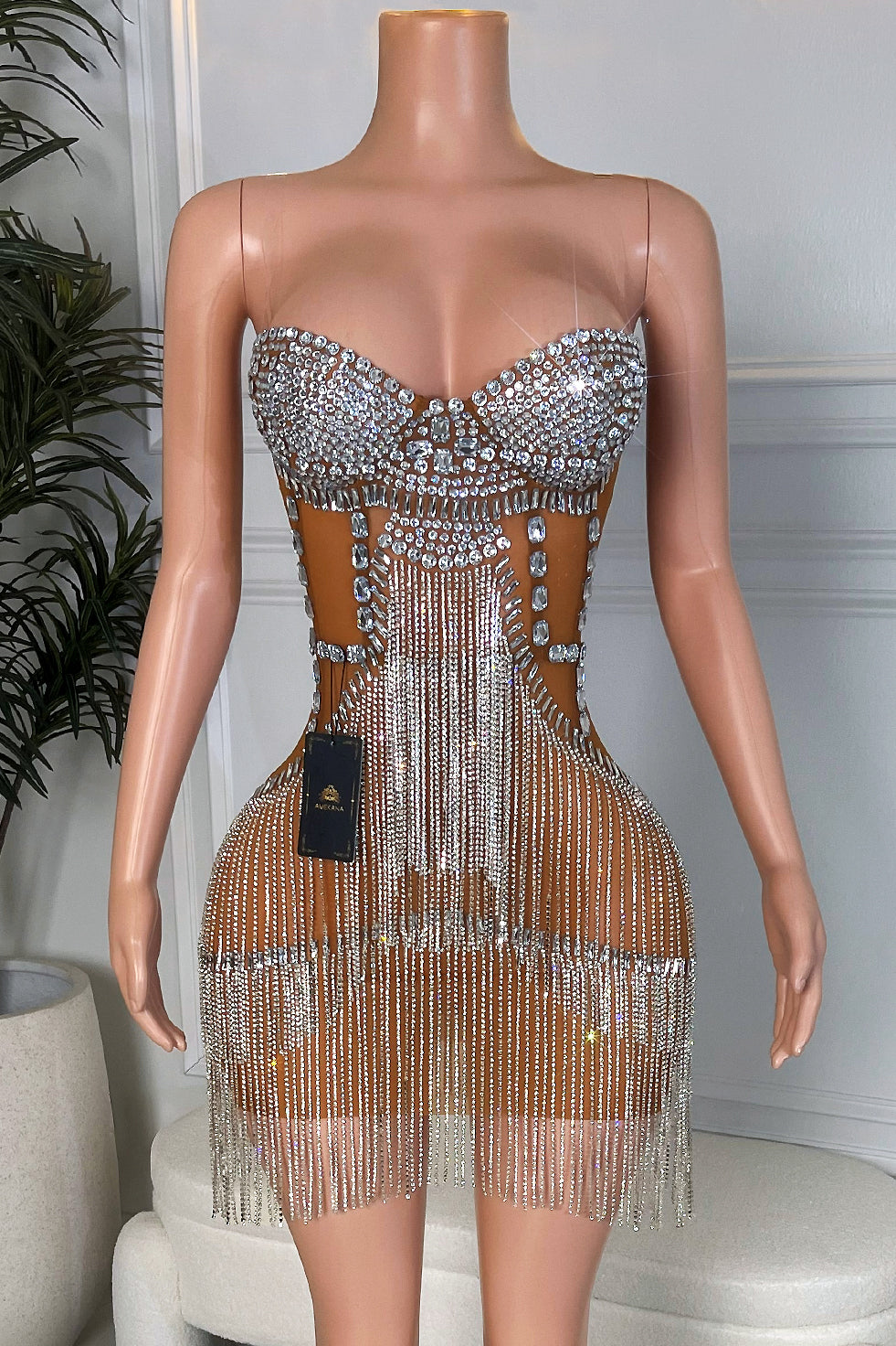 Front view of nude illusion mini dress with silver rhinestone bustier and crystal tassel fringe, Amekana