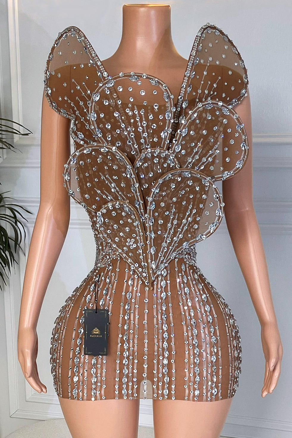 Nude illusion mesh mini dress with silver rhinestones and 3D crystal petal corset bodice, front view