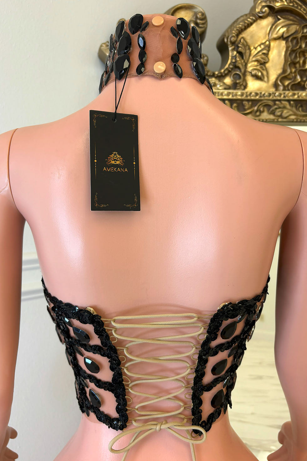 Back view of black rhinestone halter crop top with jeweled choker collar and lace up corset back on mannequin.