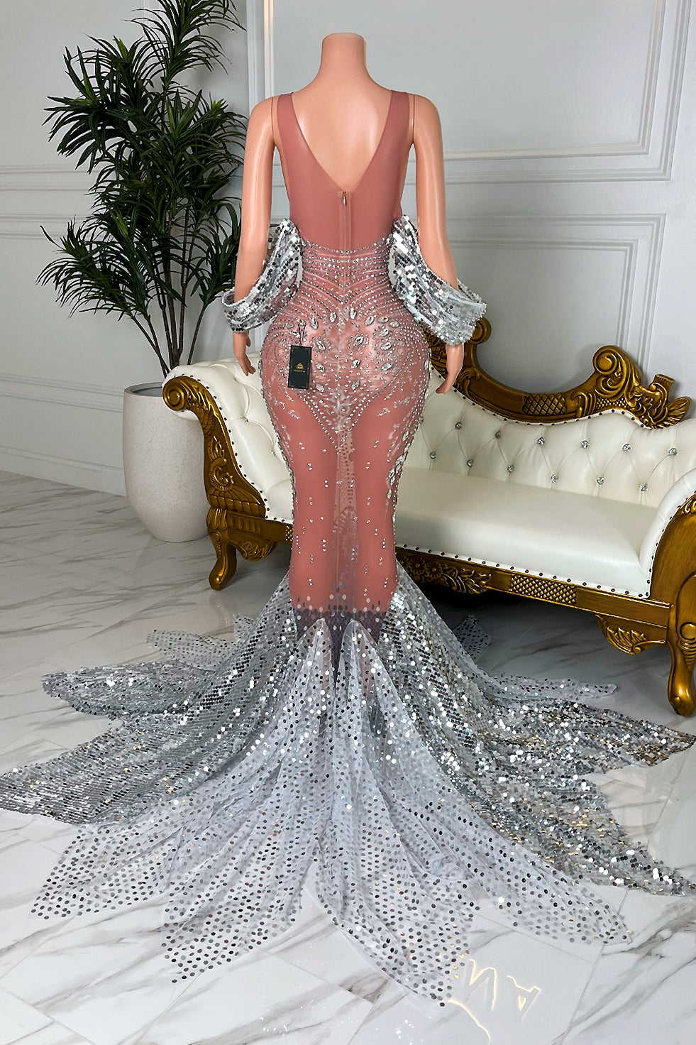 Valerie Silver Diamante Mesh Evening Dress(Ready To Ship)