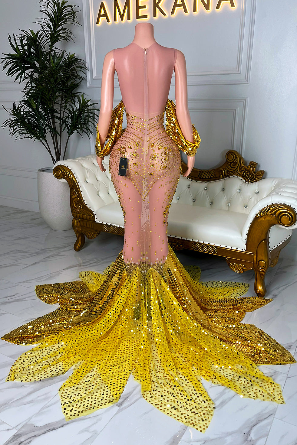 Valerie Gold Diamante Mesh Evening Dress (Ready to Ship)