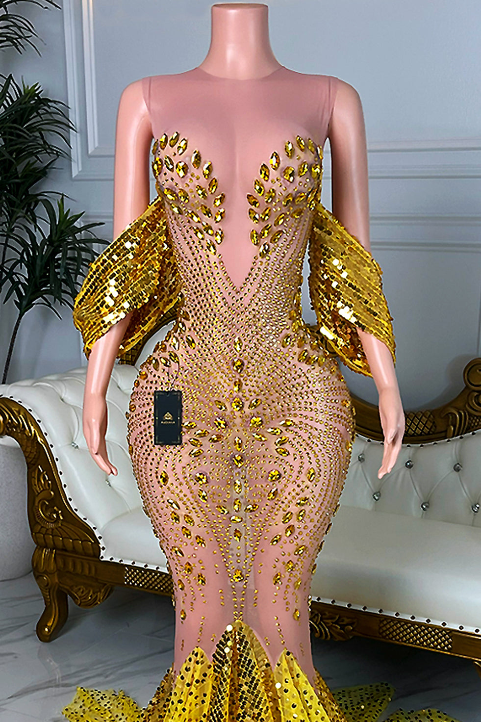 Valerie Gold Diamante Mesh Evening Dress (Ready to Ship)