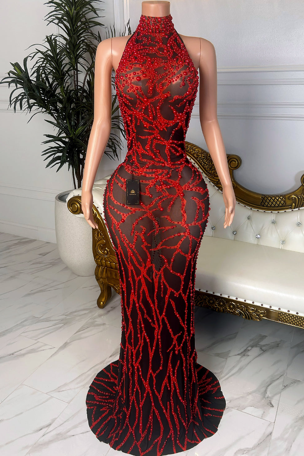 Red and Black Beaded Black Mesh Halter Dress