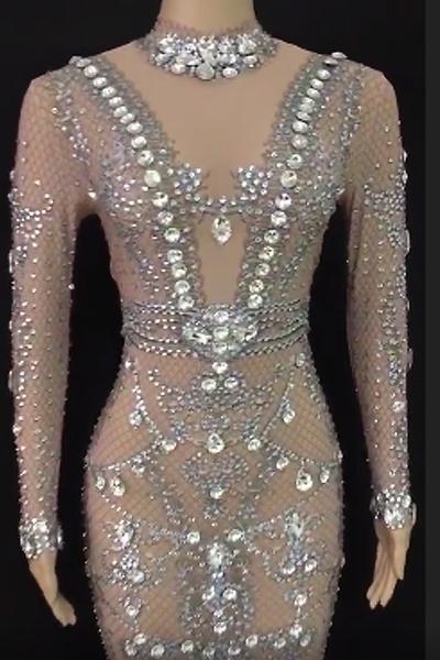 Diamond Gal Diamante Mesh Feather Maxi Dress (Rhinestones)