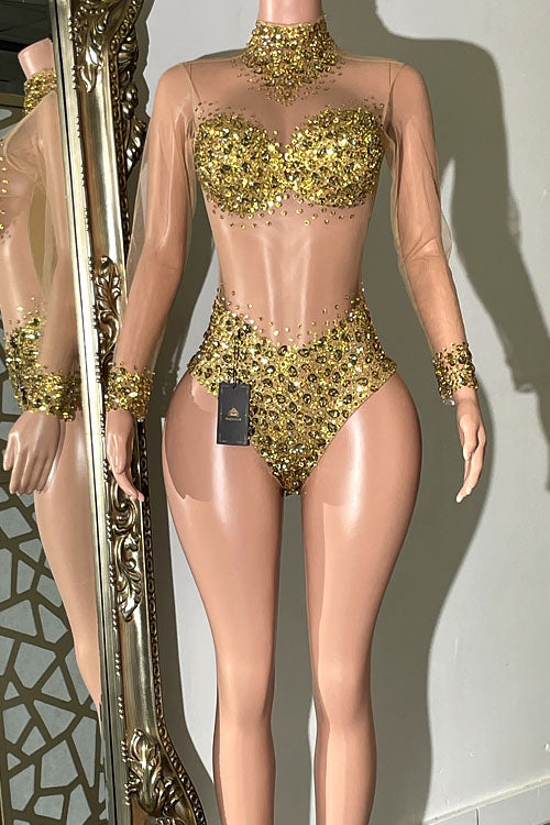 Icon Diamante Gold Bodysuit (Ready To Ship)