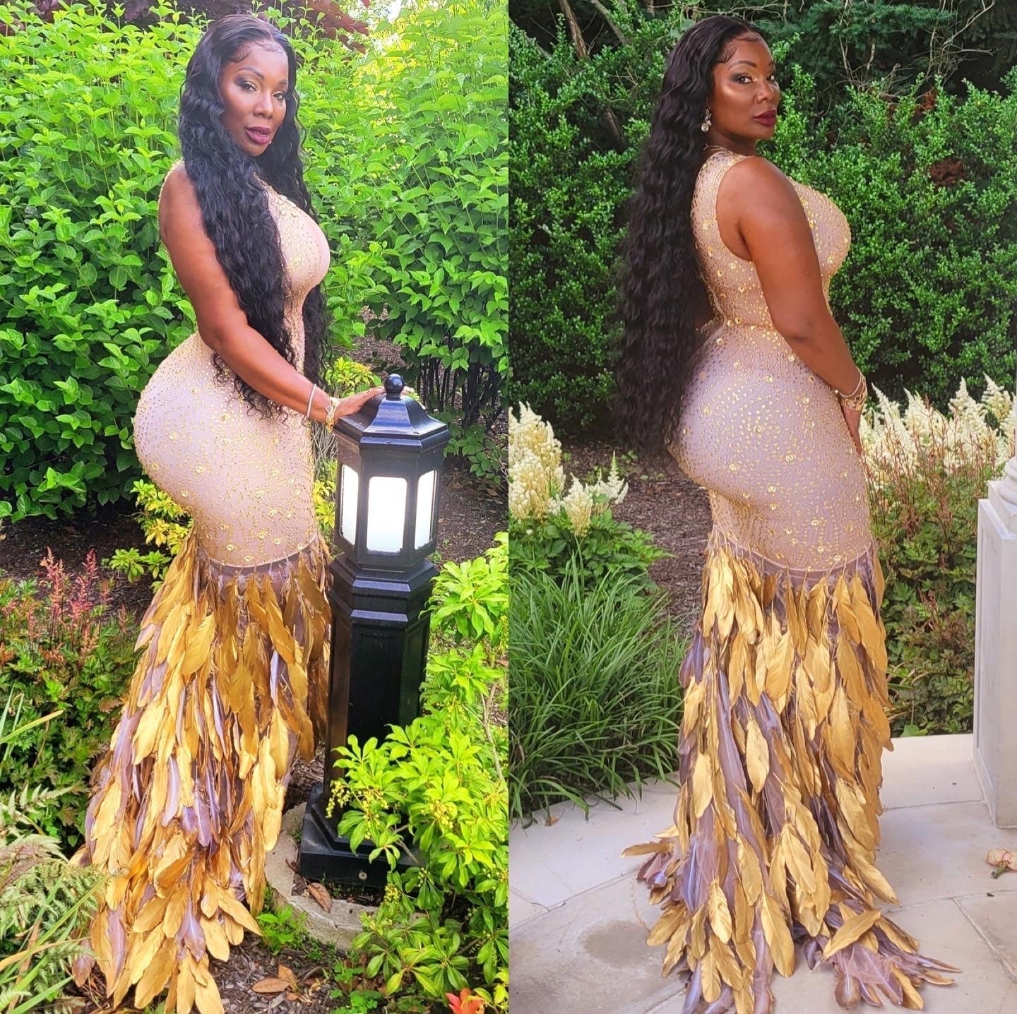 Golden Gal Rhinestone Feather Dress (Ready to Ship) GOLD / L Golden Gal Rhinestone Feather Dress (Ready to Ship) GOLD / L