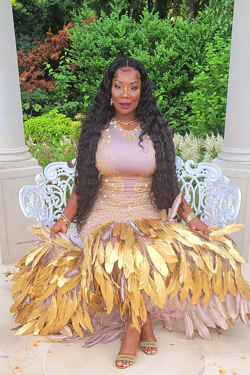 Golden Gal Rhinestone Feather Dress