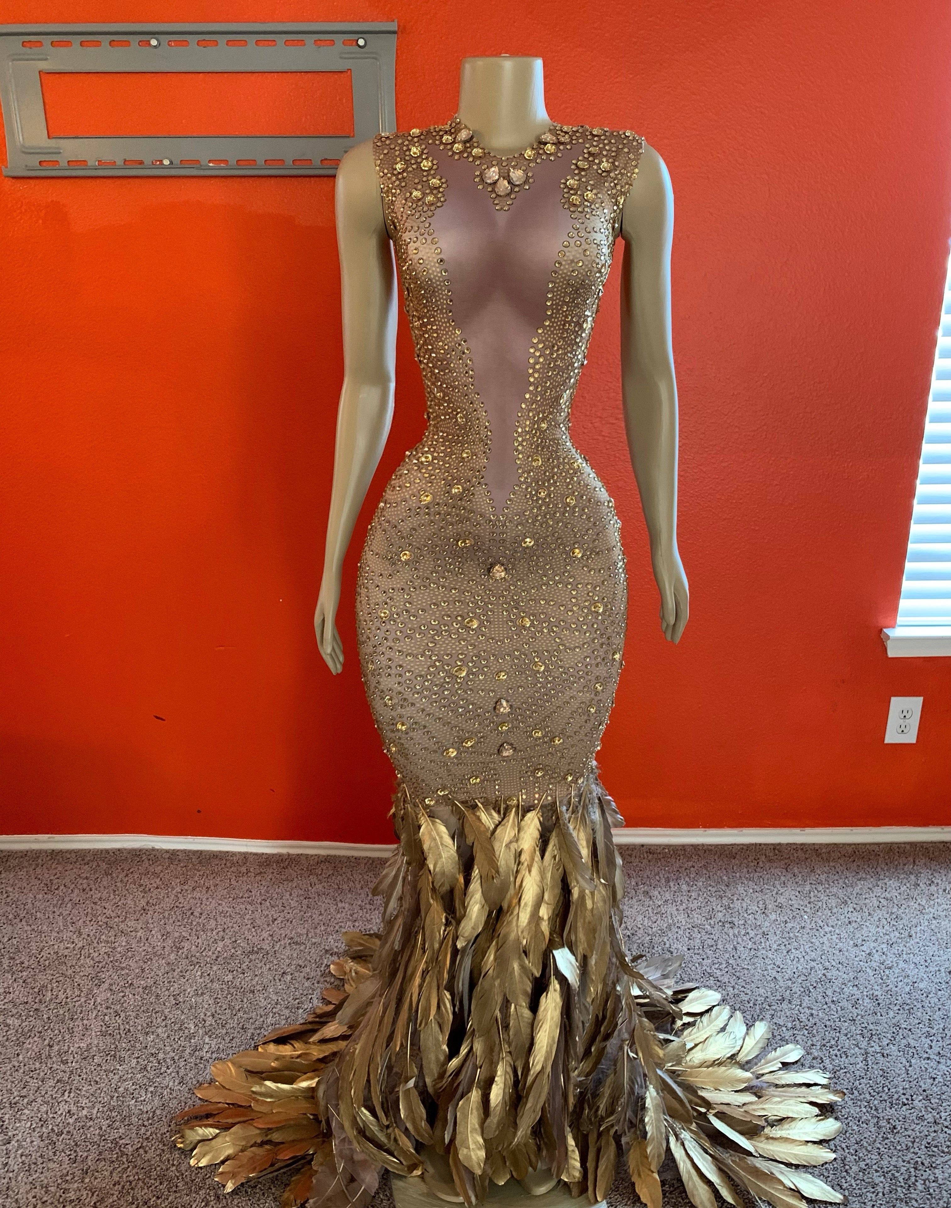 Golden Gal Rhinestone Feather Dress (Ready to Ship) GOLD / L Golden Gal Rhinestone Feather Dress (Ready to Ship) GOLD / L