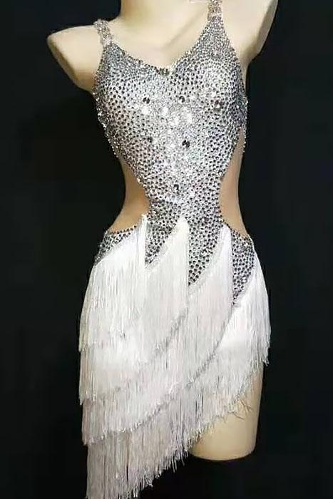 Heartbreak Hotel Silver Tassel Diamante Dress(Rhinestones)