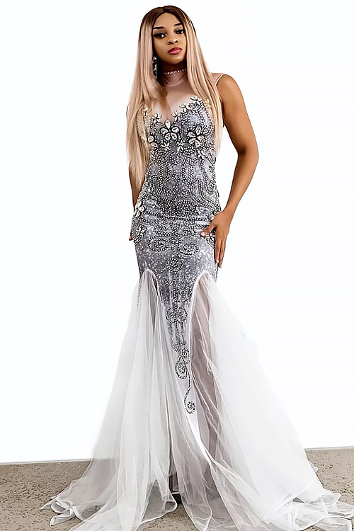 Marry Me Diamante Mesh Evening Dress (Rhinestones)