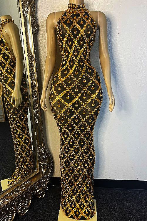 Midnight Gold Rhinestone Dress (Ready To Ship)
