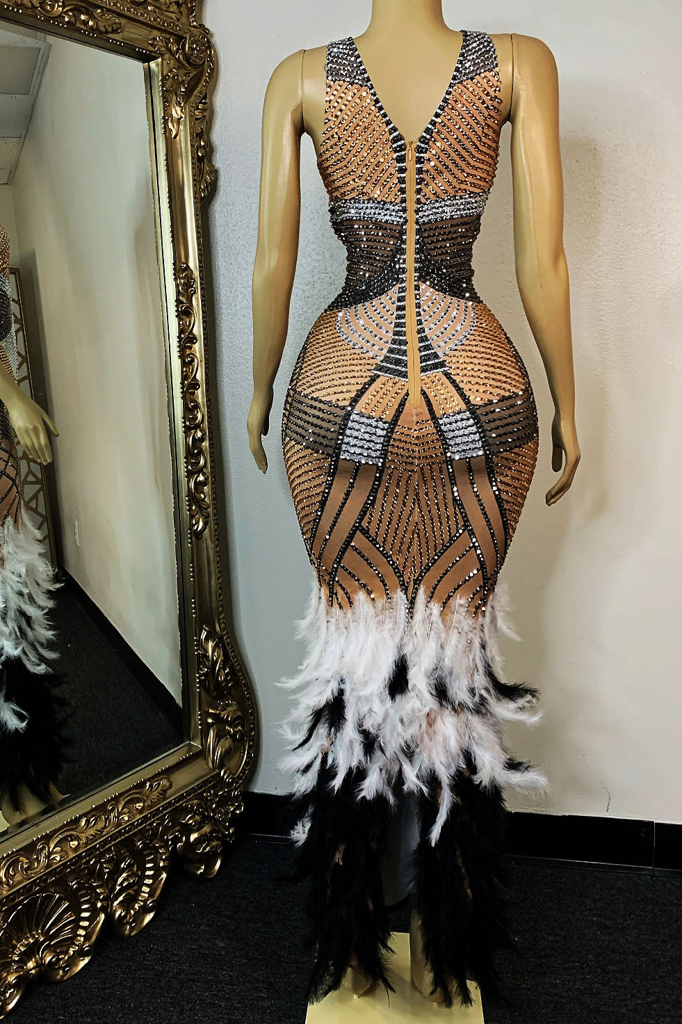 Nicole Diamante Feather Evening Dress (Ready To Ship)