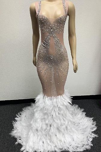 Oma Diamante Mesh Feather Maxi Dress