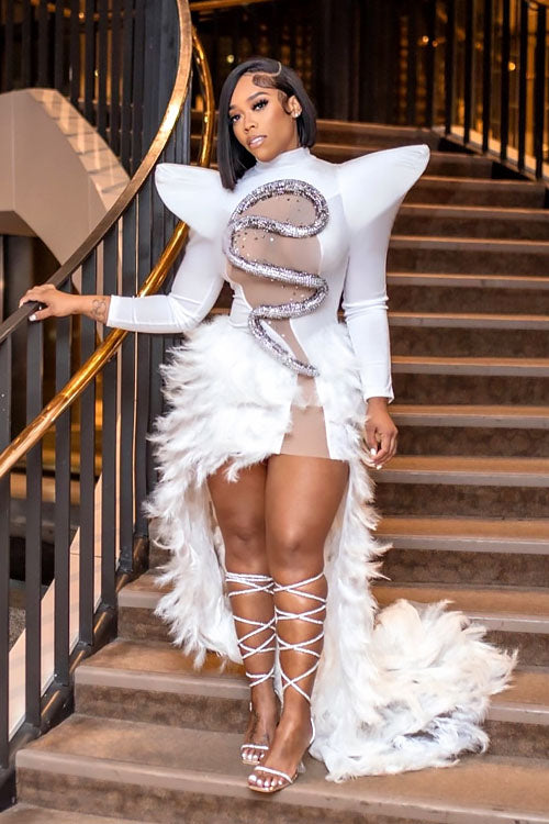 Oscars Feather Dress (Ready To Ship), XS / White