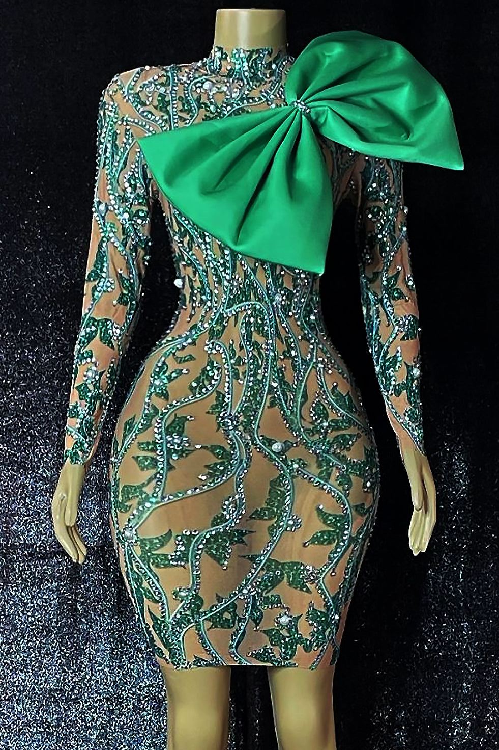 Peta Diamante Green Bow Dress (Ready To Ship)
