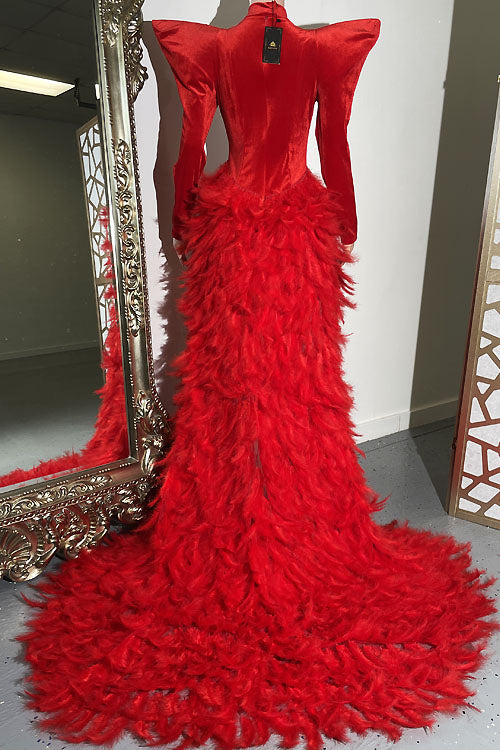 Oscars Red Feather Dress (Ready To Ship)