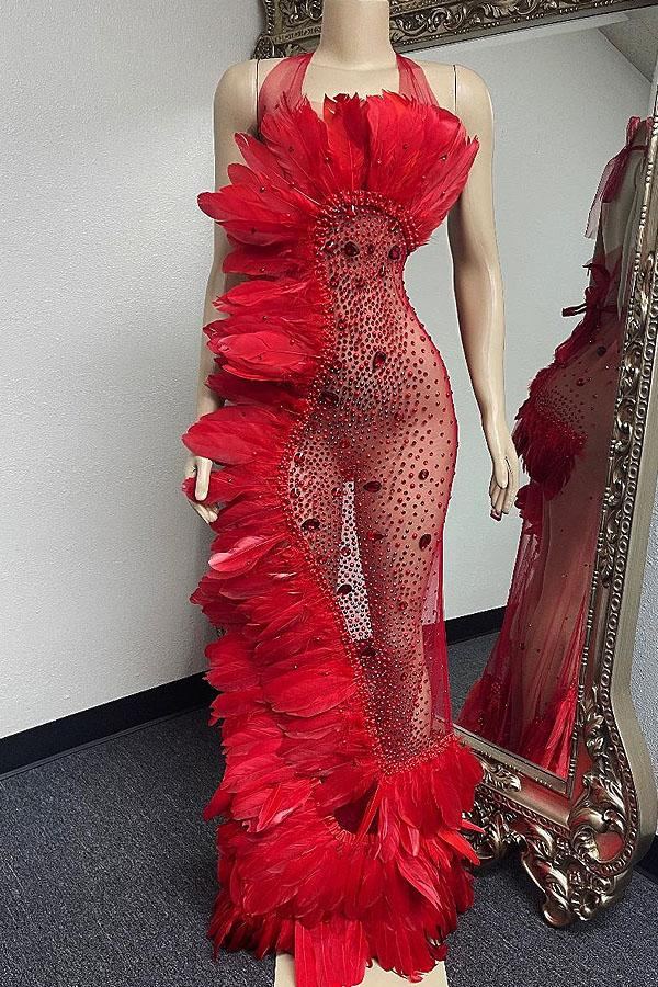 Tease Show Red Diamante Feather Dress