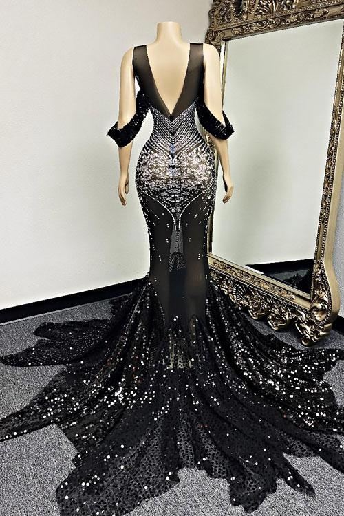 Valerie Black Diamante Mesh Evening Dress