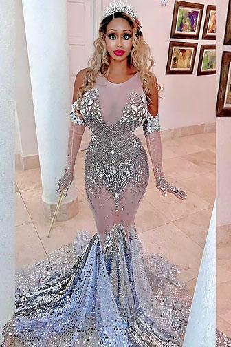 Valerie Silver Diamante Mesh Evening Dress (Ready To Ship)